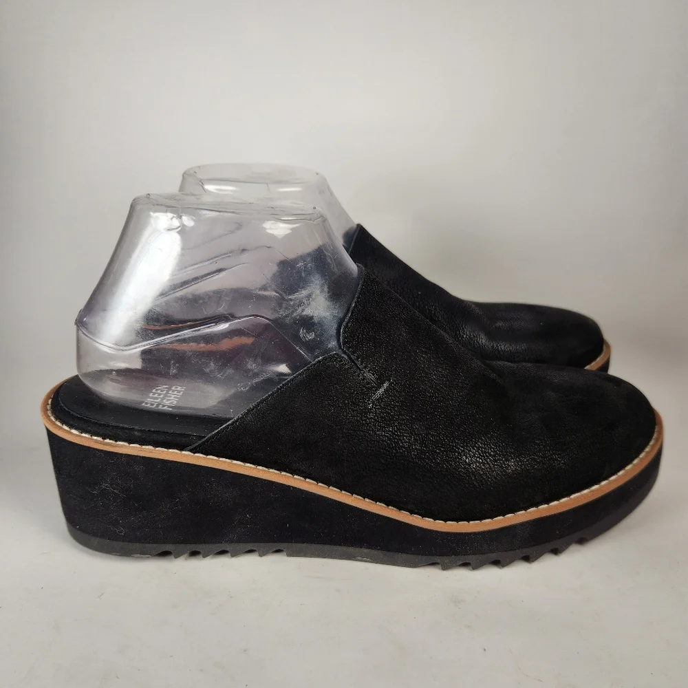 EILEEN FISHER Womens Loti Wedge Mule Size 10 Black Nubucl Leather Clog Shoe - Picture 2 of 11